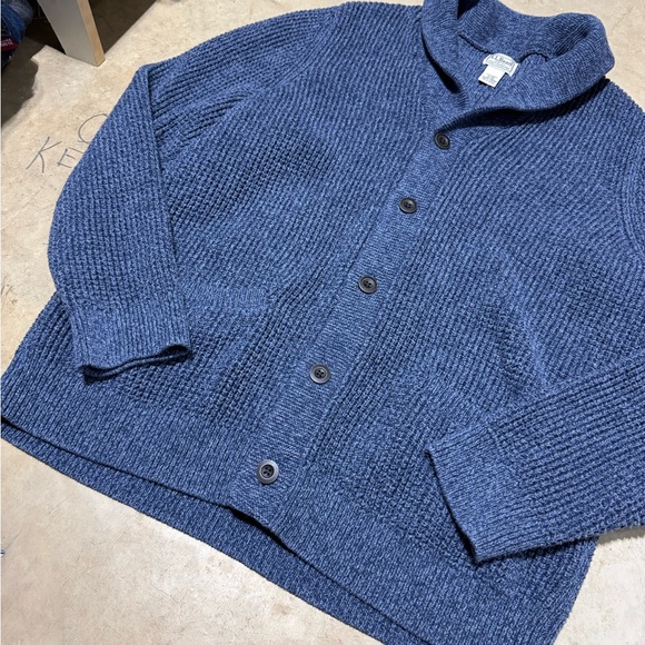 L.L. Bean Organic Cotton Waffle Cardigan Sweater Size XL Blue Shawl Collar - Picture 5 of 8